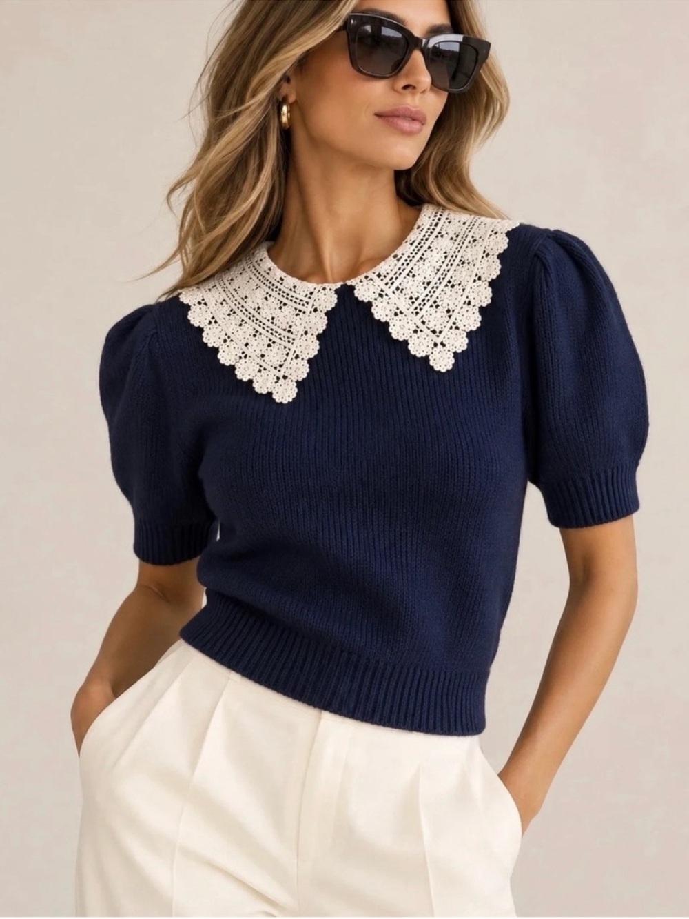 Gorgeous Caroline Constas Short Sleeve Sweater with Lace Peter Pan Collar